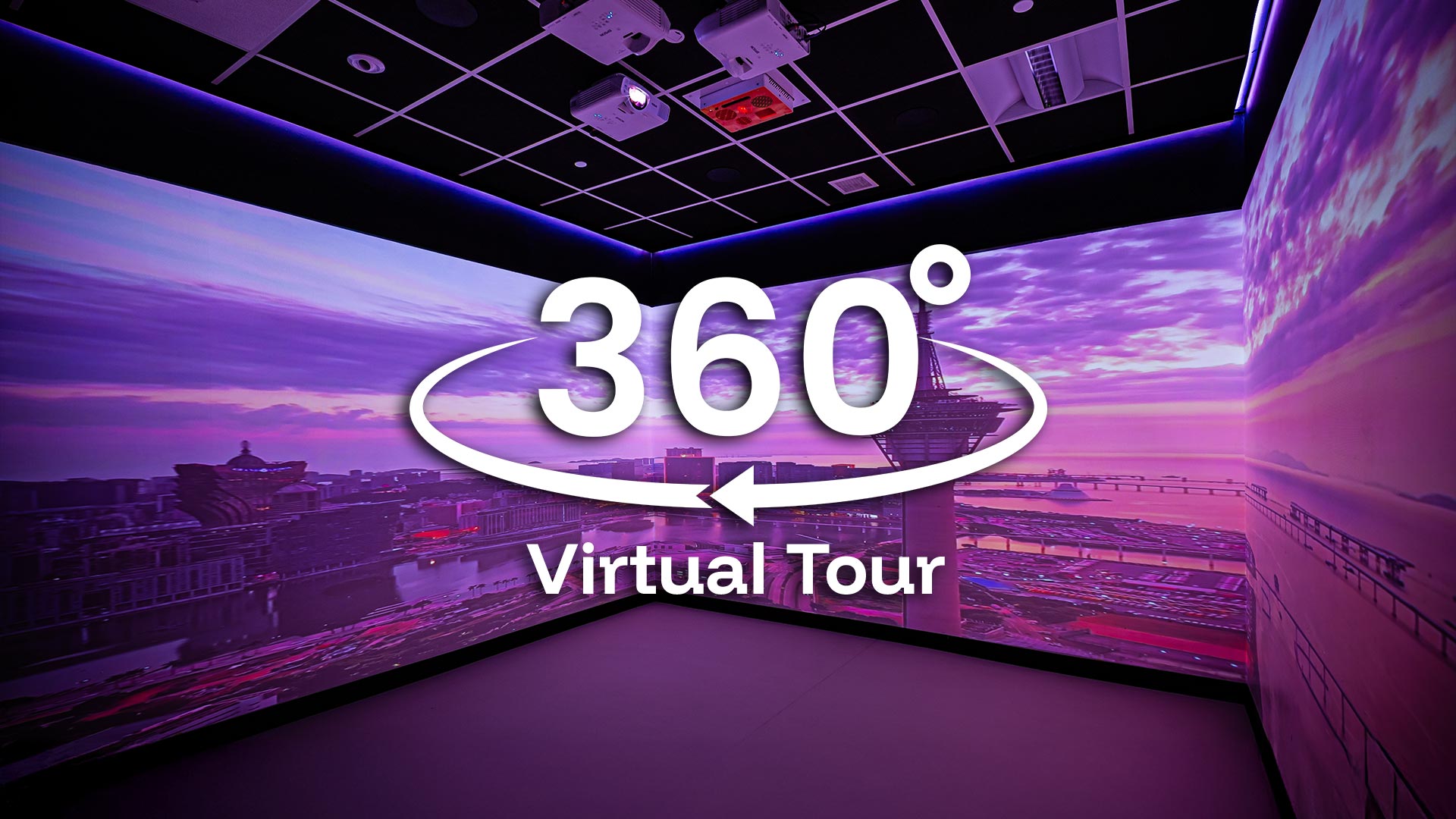 360 degree room tour thumbnail showing an immersive space with floor to ceiling projection